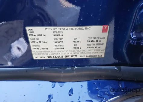 2017 Tesla Model S 60/75 из США, поврежденный, VIN 5YJSA1E10HF194779